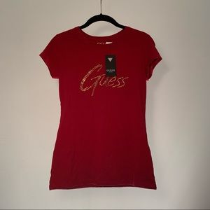 Guess Red Rhinestone Logo Tee size S